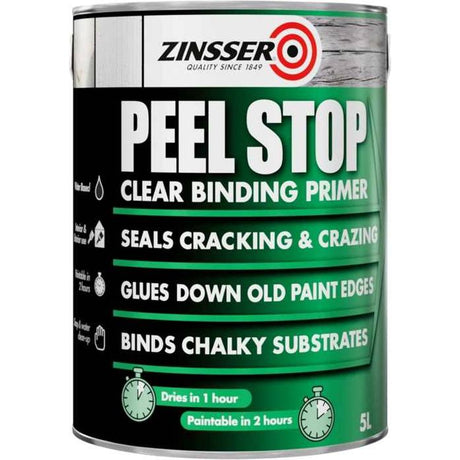 Zinsser Peel Stop Clear Binding Primer 5 litre tin with green and black label showing product benefits including sealing cracking, gluing paint edges and binding chalky substrates, with drying time indicators