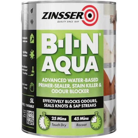 Zinsser BIN Aqua 5 litre tin of advanced water-based primer sealer with green and white label showing stain blocking and odour blocker features, 25 mins touch dry time