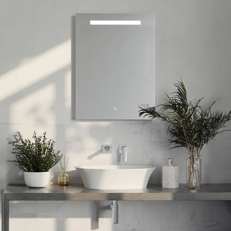 Modern minimalist bathroom vanity with Aqualla Zen LED mirror mounted above white subway tile backsplash, featuring round white ceramic vessel sink, grey countertop, chrome tap, soap dispenser, potted green plants and fresh flowers in glass vase, bright natural daylight streaming across neutral grey and white interior