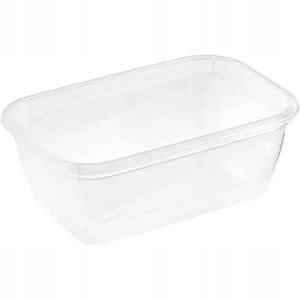 Clear plastic rectangular food storage container with rounded corners and hinged lid, 0.5 litre capacity, isolated on white background