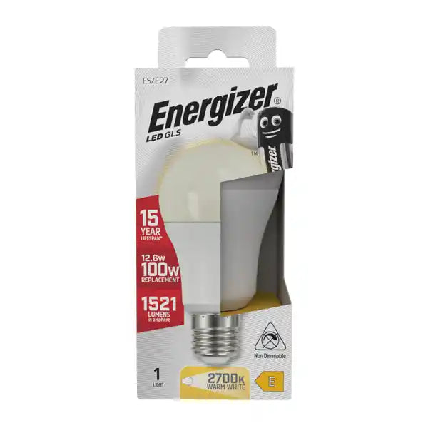 Energizer LED GLS bulb E27 12.5W 100W replacement 1521 lumens warm white 2700K in packaging showing product specifications and 15 year lifespan