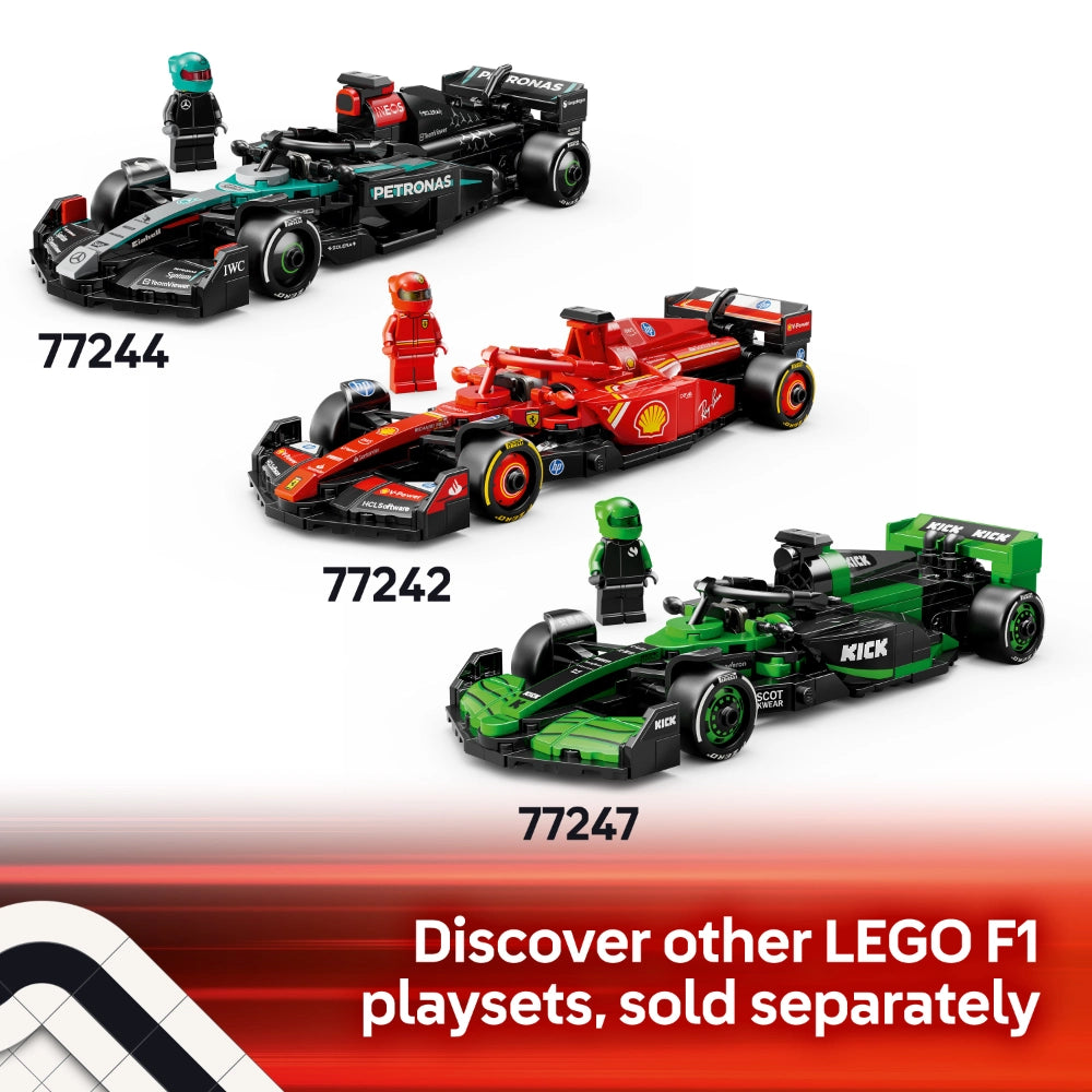 LEGO McLaren F1 Team MCL38 race car building set 77251 featuring black and turquoise Formula 1 vehicle with minifigure driver, displayed alongside other LEGO F1 sets including Ferrari red 77242 and green KICK 77247 models