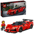 LEGO Speed Champions Ferrari SF90 XX Stradale set 77254 showing red brick sports car model with black wheels and accents, Ferrari minifigure, product box with 339 pieces, and detailed building instructions displayed against white background