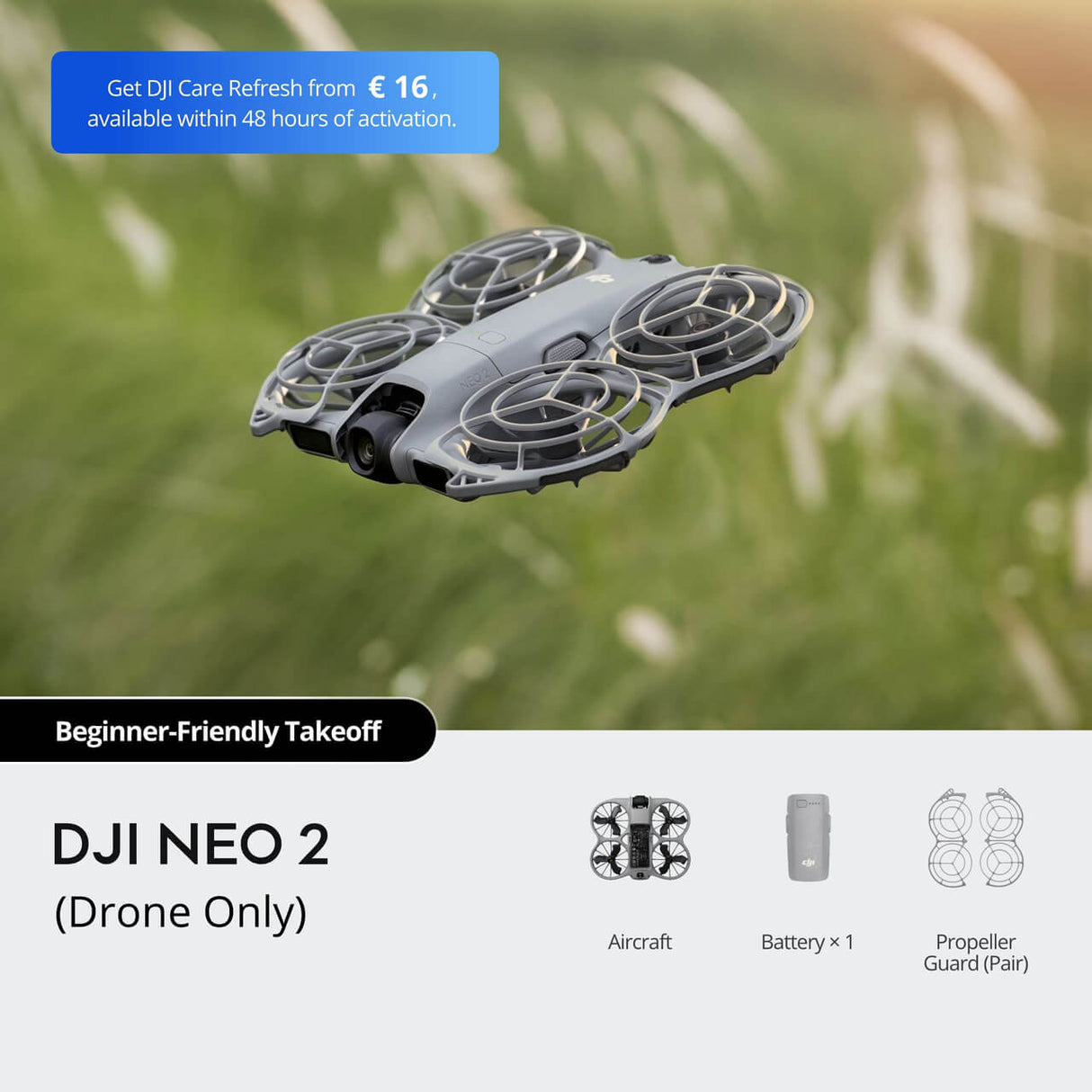 DJI Neo 2 compact drone in grey and white with four propeller guards shown hovering above green foliage background, includes aircraft, battery and propeller guard pair accessories displayed below