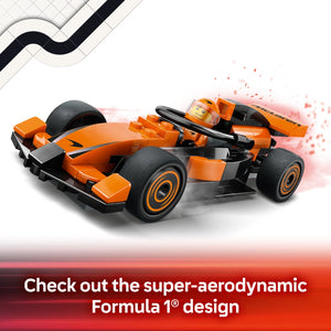 LEGO Formula 1 McLaren race car set featuring bright orange and black buildable F1 car with minifigure driver, showcasing aerodynamic design with speed effects against white background