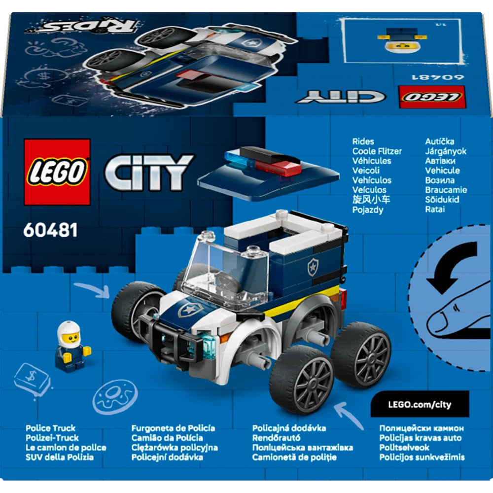 LEGO City Police Truck 60481 set box showing blue and white police vehicle with black wheels, minifigure, and multilingual product descriptions on packaging