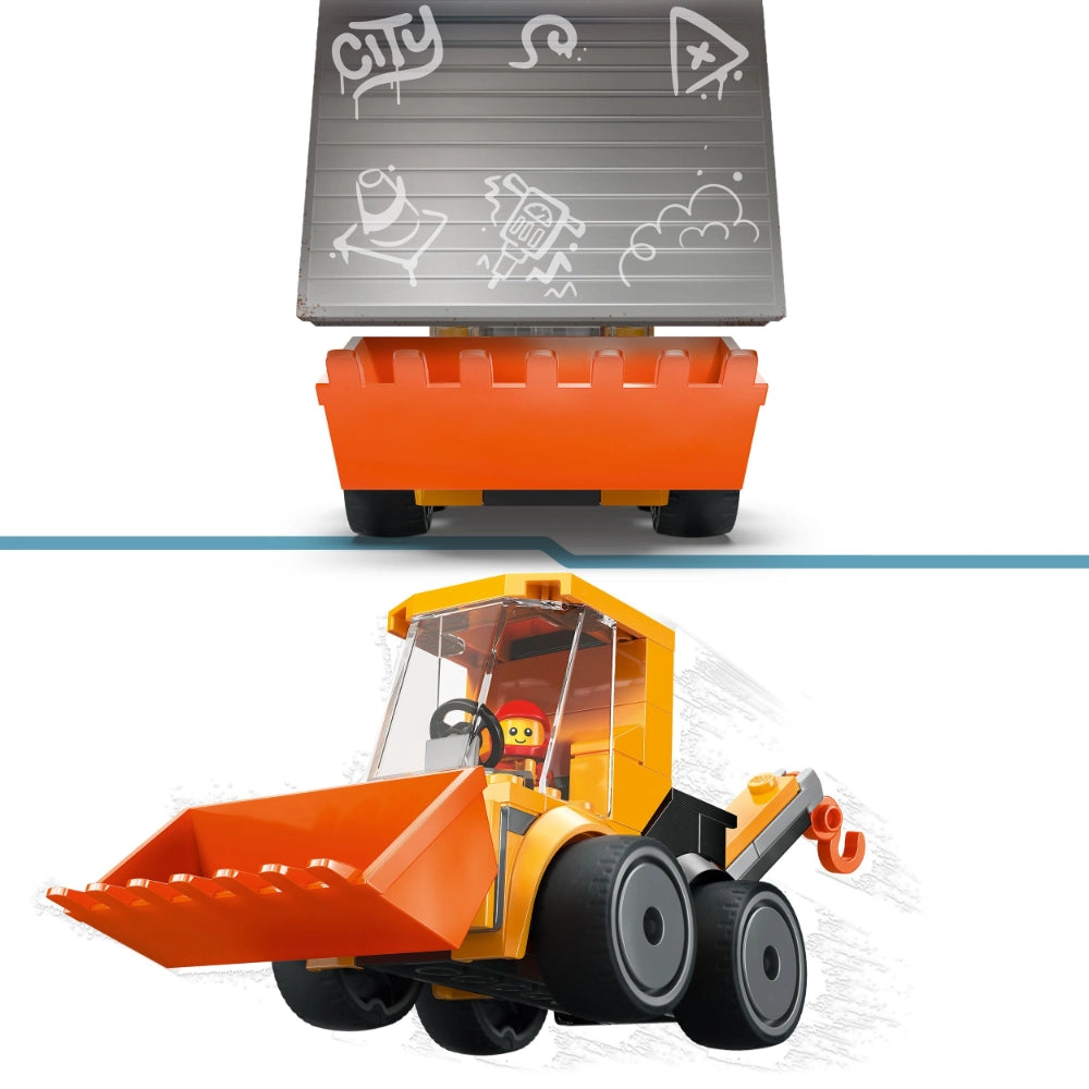 LEGO City Construction Loader 60483 set featuring orange and yellow motorized wheel loader vehicle with black tires, yellow cab with driver minifigure, orange scoop bucket, and gray instruction manual with construction-themed drawings on white background