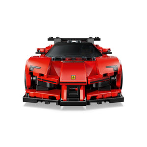 Front view of a red LEGO Ferrari SF90 XX Stradale sports car model with black roof rack and detailing, featuring the Ferrari shield logo on the hood and realistic brick construction design