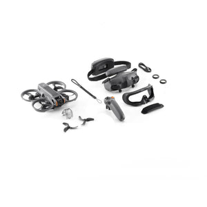 DJI Avata 2 FPV drone Fly More Combo with gray and black components including quadcopter with propeller guards, remote controller, FPV goggles, battery, propellers, and accessories laid out on white background