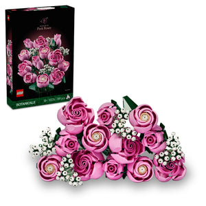 LEGO Bouquet of Pink Roses set 10374 showing completed buildable flower arrangement with pink and magenta roses, white baby's breath flowers, and green leaves displayed next to black product box packaging
