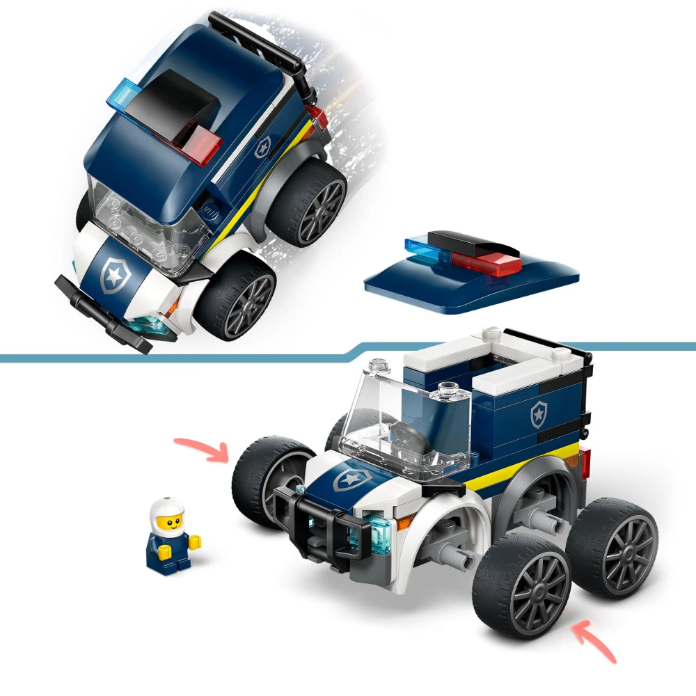 LEGO City Police Truck 60481 building set showing blue and white police vehicle with transformable design, featuring removable roof section, small yellow police minifigure, and instruction diagram demonstrating assembly and conversion capabilities