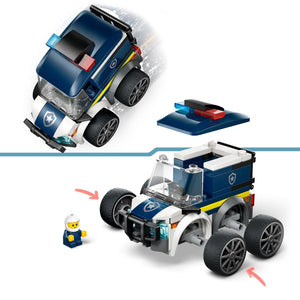 LEGO City Police Truck 60481 building set showing blue and white police vehicle with transformable design, featuring removable roof section, small yellow police minifigure, and instruction diagram demonstrating assembly and conversion capabilities
