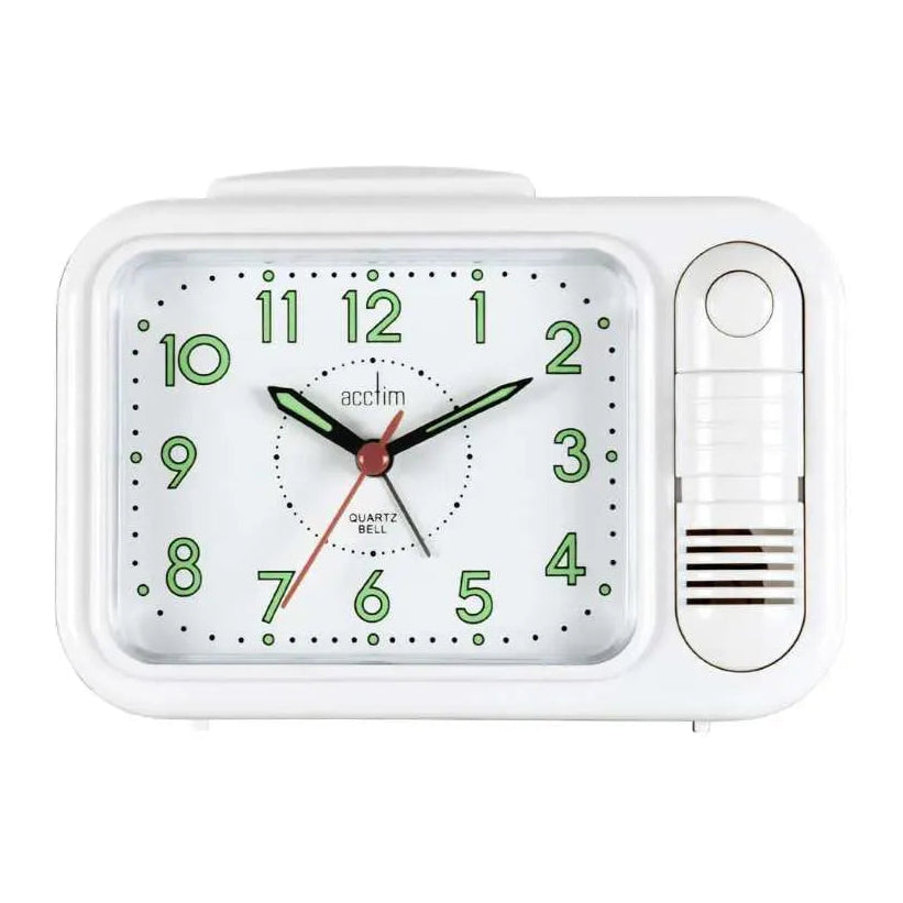 White square Acctim Sonnet quartz bell alarm clock with green numbers, black hands, red center detail, dotted hour markers, and mechanical bell on right side