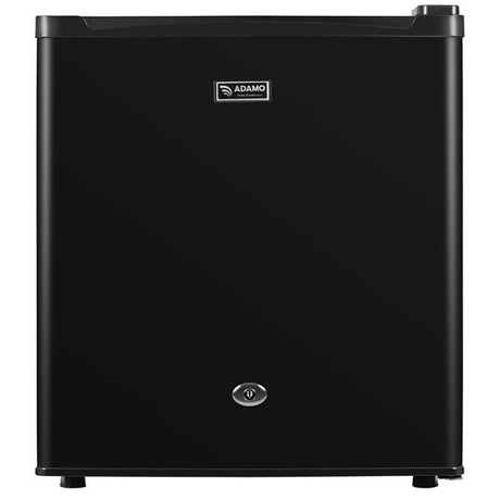 Black compact table top refrigerator with ice box and lock, 50 litre capacity, featuring Adamo branding and control dial on front