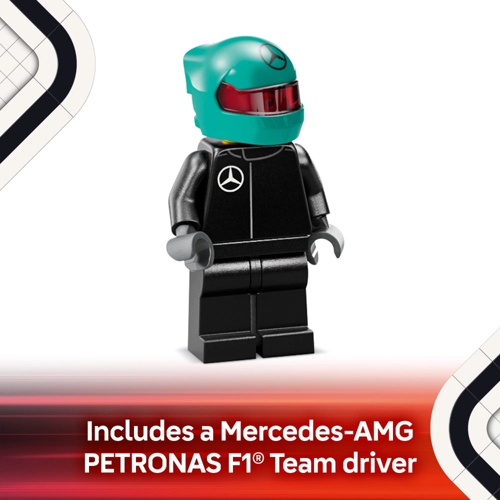 LEGO minifigure of Mercedes-AMG PETRONAS F1 team driver wearing turquoise racing helmet with red visor and black racing suit with Mercedes logo, displayed against red and white background with text indicating inclusion of team driver character