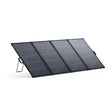 Anker SOLIX PS400 bifacial portable solar panel with four black folding panels and metal stand, displayed at an angle against white background
