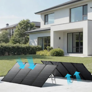 Anker SOLIX PS400 bifacial portable solar panel with black monocrystalline cells displayed in front of modern white house, showing blue airflow arrows indicating heat dissipation, set on patio with lawn and hedges in background