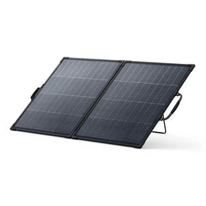 Anker SOLIX PS200 bifacial portable solar panel with two black rectangular panels connected by a hinge, featuring a carrying handle and adjustable kickstand on white background