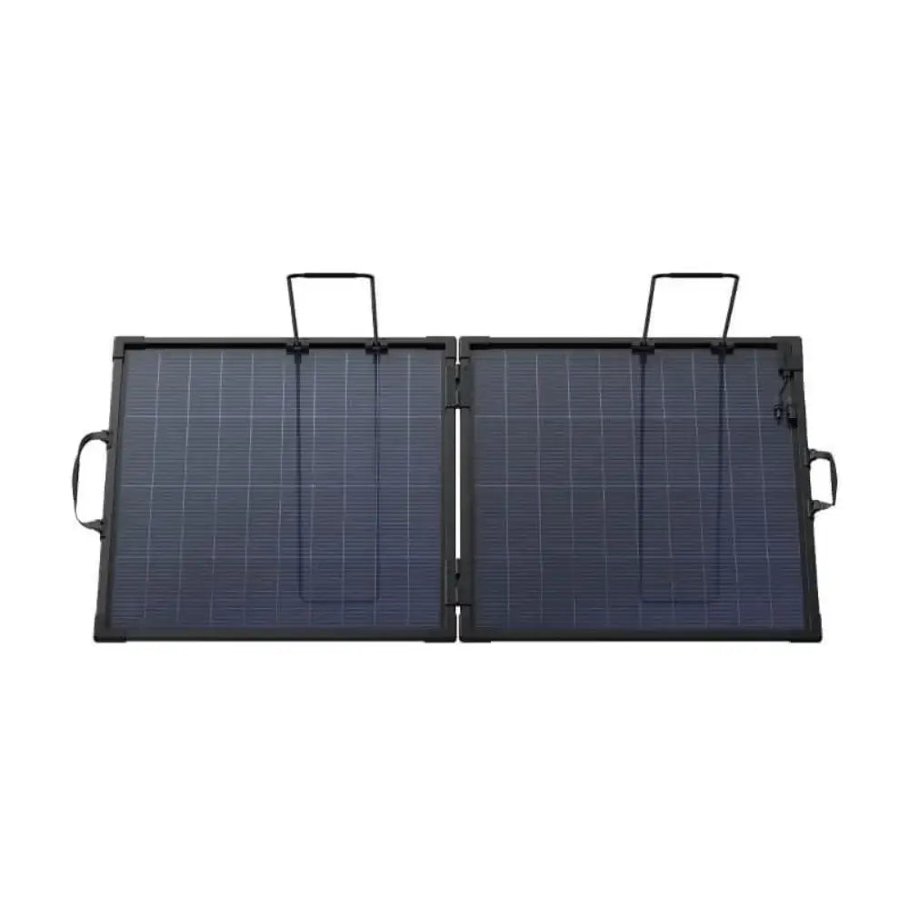 Anker SOLIX PS200 bifacial portable solar panel with two black panels connected by hinge, featuring solar cells, carrying handles, and kickstands, displayed in open position against white background