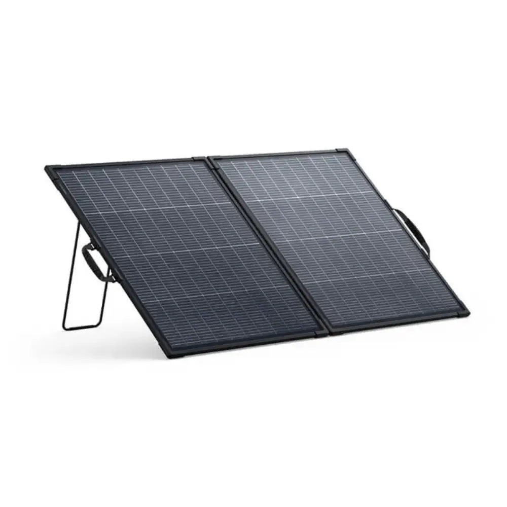 Anker SOLIX PS200 bifacial portable solar panel with two connected dark grey panels on adjustable metal stand