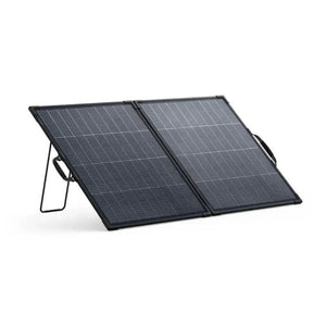 Anker SOLIX PS200 bifacial portable solar panel with two connected dark grey panels on adjustable metal stand