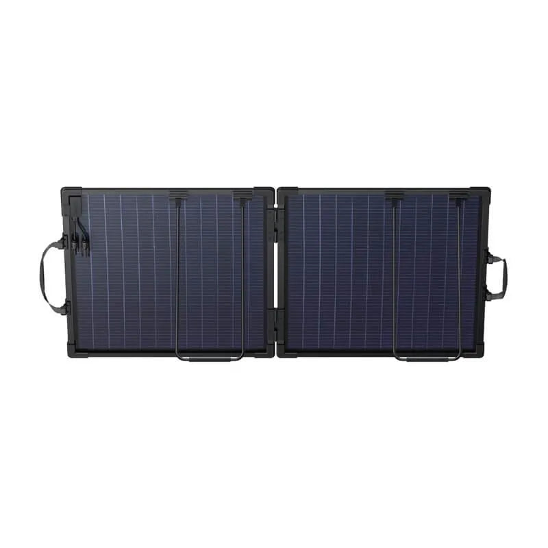 Anker SOLIX PS100 Bifacial Portable Solar Panel in open position showing two black-framed solar panels with blue photovoltaic cells and carrying handles, connected by a central hinge