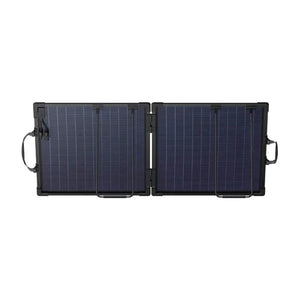 Anker SOLIX PS100 Bifacial Portable Solar Panel in open position showing two black-framed solar panels with blue photovoltaic cells and carrying handles, connected by a central hinge