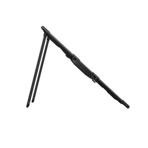 Black Anker SOLIX PS100 bifacial portable solar panel with triangular A-frame stand design and extended kickstand, showing front and side view against white background