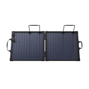 Anker SOLIX PS100 bifacial portable solar panel with two black-framed panels connected by hinges, featuring blue solar cells, carrying handles, and kickstand supports in open position