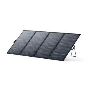 Anker SOLIX PS400 bifacial portable solar panel with four black foldable sections and metal kickstand displayed at an angle against white background