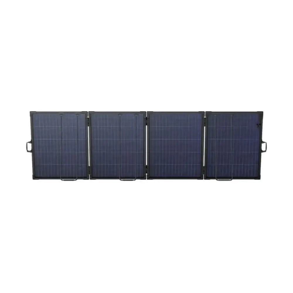 Anker SOLIX PS400 bifacial portable solar panel with four dark blue monocrystalline panels connected by hinges with carrying handles, displayed in fully expanded flat configuration against white background