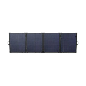 Anker SOLIX PS400 bifacial portable solar panel with four dark blue monocrystalline panels connected by hinges with carrying handles, displayed in fully expanded flat configuration against white background