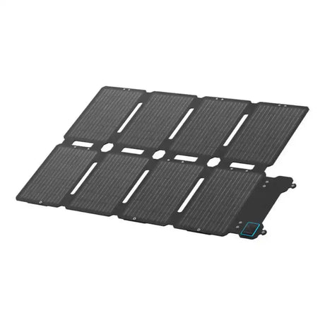Anker SOLIX PS100X portable solar panel with eight dark gray foldable photovoltaic panels arranged in a compact configuration with white ventilation slots and a control unit with blue display on the right side