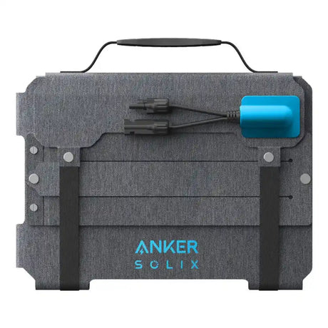 Anker SOLIX PS100X portable solar panel with gray fabric case, black carry handle, and bright blue solar connector cable displayed from front view