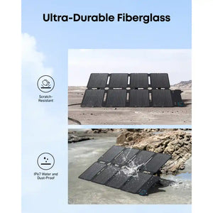 Ultra-durable black fiberglass Anker SOLIX PS100X portable solar panel displayed in desert and water environments, highlighting scratch-resistant and IP67 water and dust-proof features with dual image showcase of outdoor durability