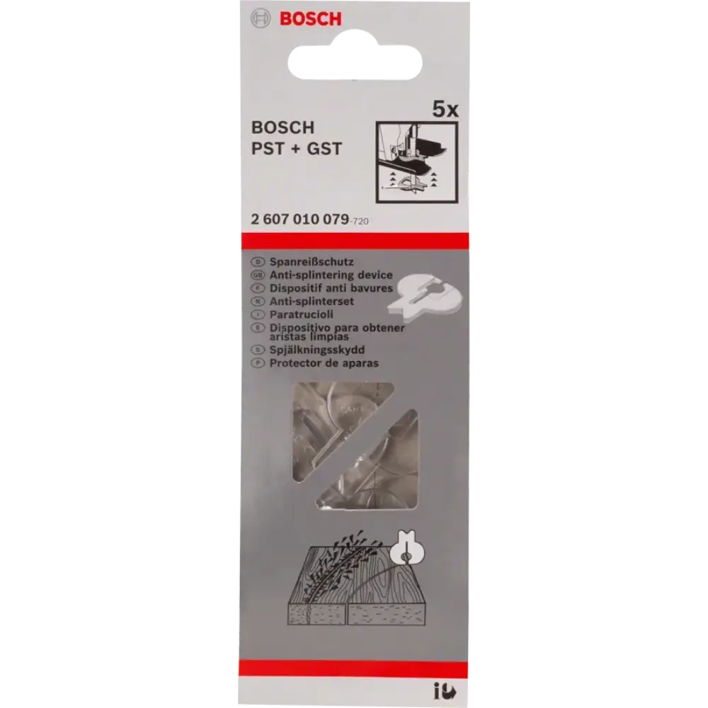 Bosch anti-splinter guard pack for PST and GST jigsaws, 5 pieces, product code 2607010079, showing packaging with protective device illustration and wood application diagram on grey and red background