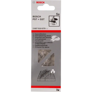 Bosch anti-splinter guard pack for PST and GST jigsaws, 5 pieces, product code 2607010079, showing packaging with protective device illustration and wood application diagram on grey and red background
