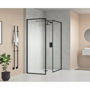 Modern matte black framed corner shower enclosure with 8mm clear glass panels in contemporary bathroom with beige and grey tile walls, black towel rail and potted plant