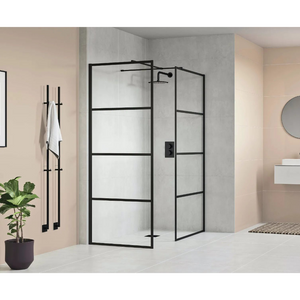 Modern black framed corner shower enclosure with 8mm clear glass panels and grid pattern, featuring matte black hardware and rainfall showerhead in contemporary bathroom with beige and grey tiled walls
