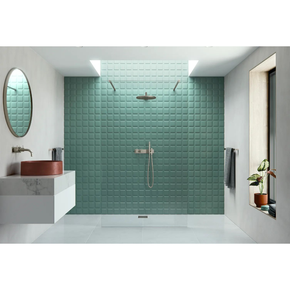 Modern bathroom with Flair AYO 8mm wetroom panel featuring green textured tile walls, rainfall showerhead, brushed nickel fixtures, terracotta basin sink, oval mirror, marble countertop and white floor tiles