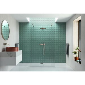 Modern bathroom with Flair AYO 8mm wetroom panel featuring green textured tile walls, rainfall showerhead, brushed nickel fixtures, terracotta basin sink, oval mirror, marble countertop and white floor tiles