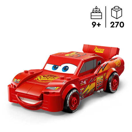LEGO Lightning McQueen set 77255 featuring a red buildable race car with yellow lightning bolt design and number 95, displayed with age recommendation 9+ and 270 pieces indicated above