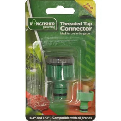 Kingfisher Threaded Tap Connector in green plastic packaging showing compatible 3/4 and 1/2 inch hose fittings with brass and green components ideal for garden use