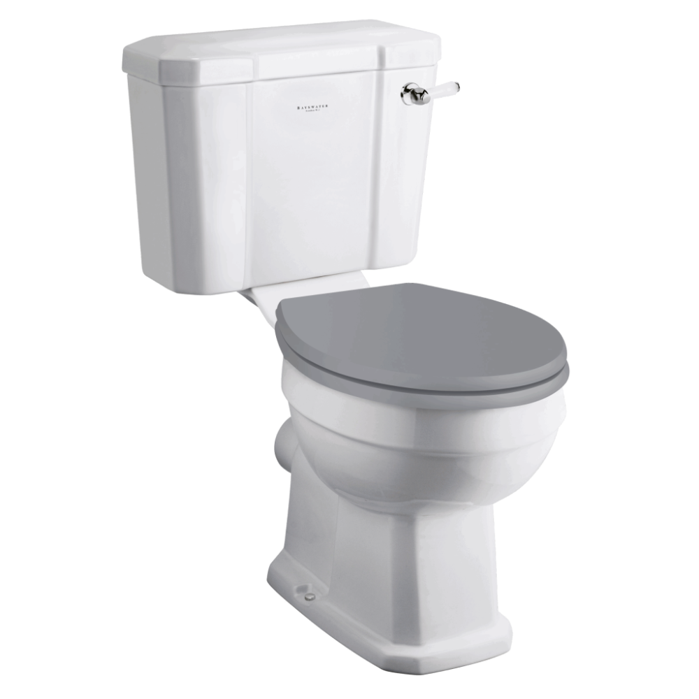 White ceramic close coupled toilet with grey soft-close seat and cistern with chrome flush handle, classic traditional design