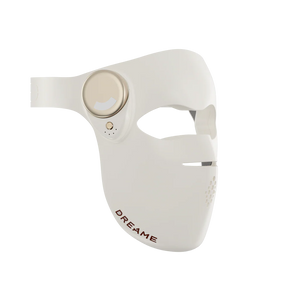 Dreame Chrona white LED face mask with circular light panel on forehead, open eye and mouth areas, featuring ventilation holes and brand name on chin area