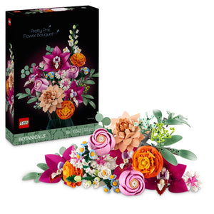 LEGO Botanicals Pretty Pink Flower Bouquet 10342 set showing black box packaging and assembled colorful flower arrangement with pink roses, orange peonies, white daisies, magenta orchids, green eucalyptus leaves and stems containing 749 pieces for ages 18+