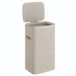 Beige fabric laundry basket with lid open showing interior compartment and tan leather handles, 50 litre capacity