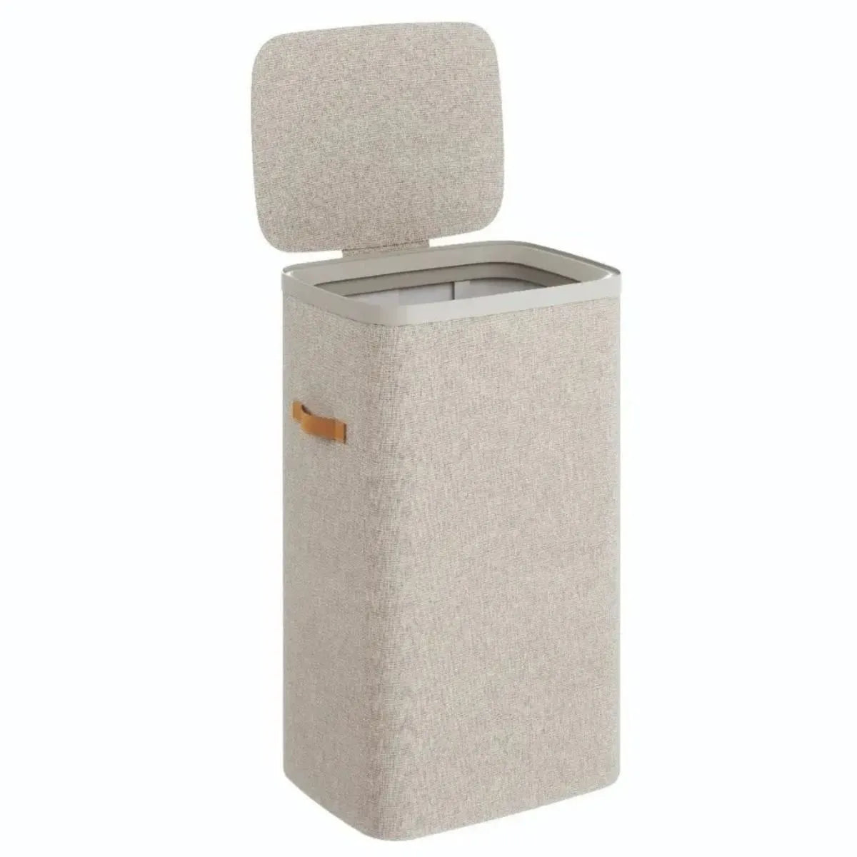 Beige fabric laundry basket with lid open showing interior compartment and tan leather handles, 50 litre capacity
