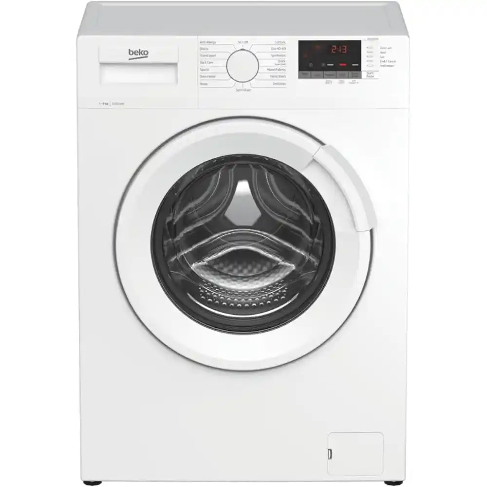 Beko 8kg 1400rpm white front-load washing machine with digital display and control panel, door open showing black drum interior