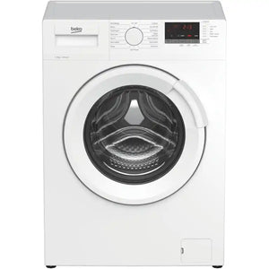 Beko 8kg 1400rpm white front-load washing machine with digital display and control panel, door open showing black drum interior